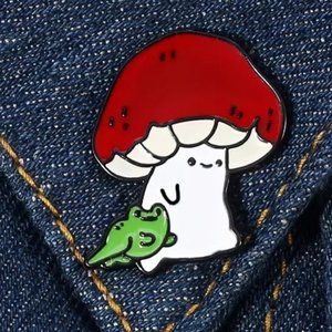 Mushroom & Frog Pin Brooch Cartoon Groovy Alice Wonderland Bag Charm Trendy Fun